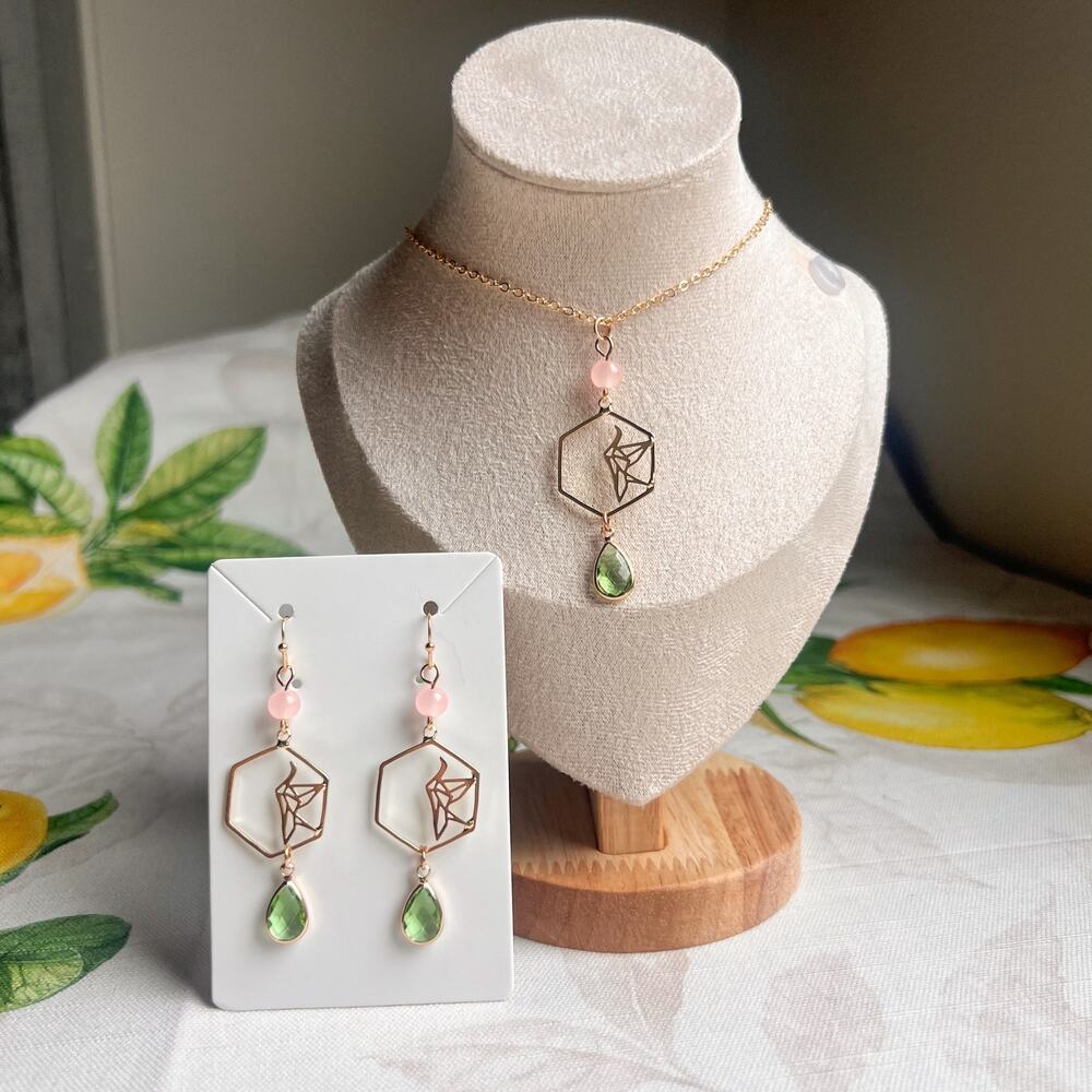 Japanese Jewelry Set Origami Novelty Whimsical Peridot Kiwi Kawaii Casual Fun